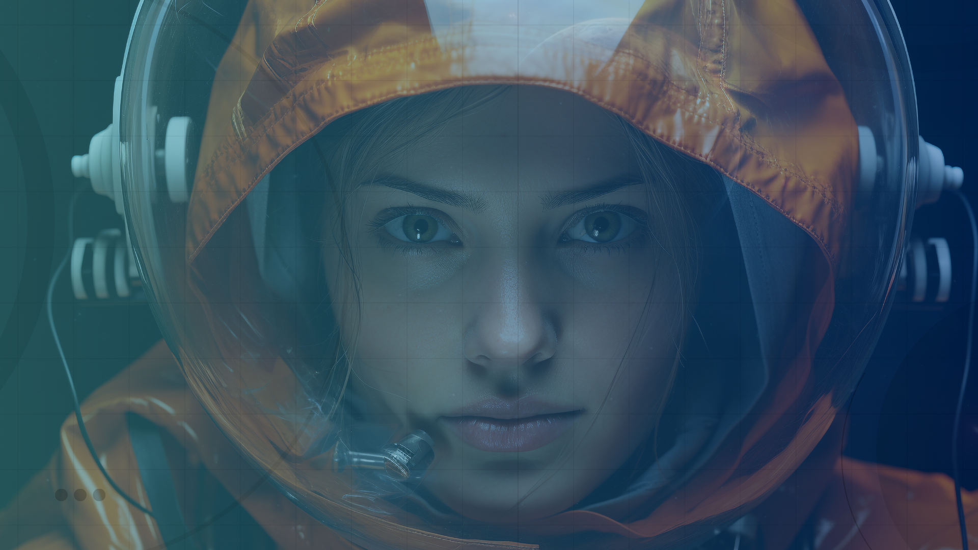 Close-up of a woman wearing an orange astronaut helmet looking directly ahead.