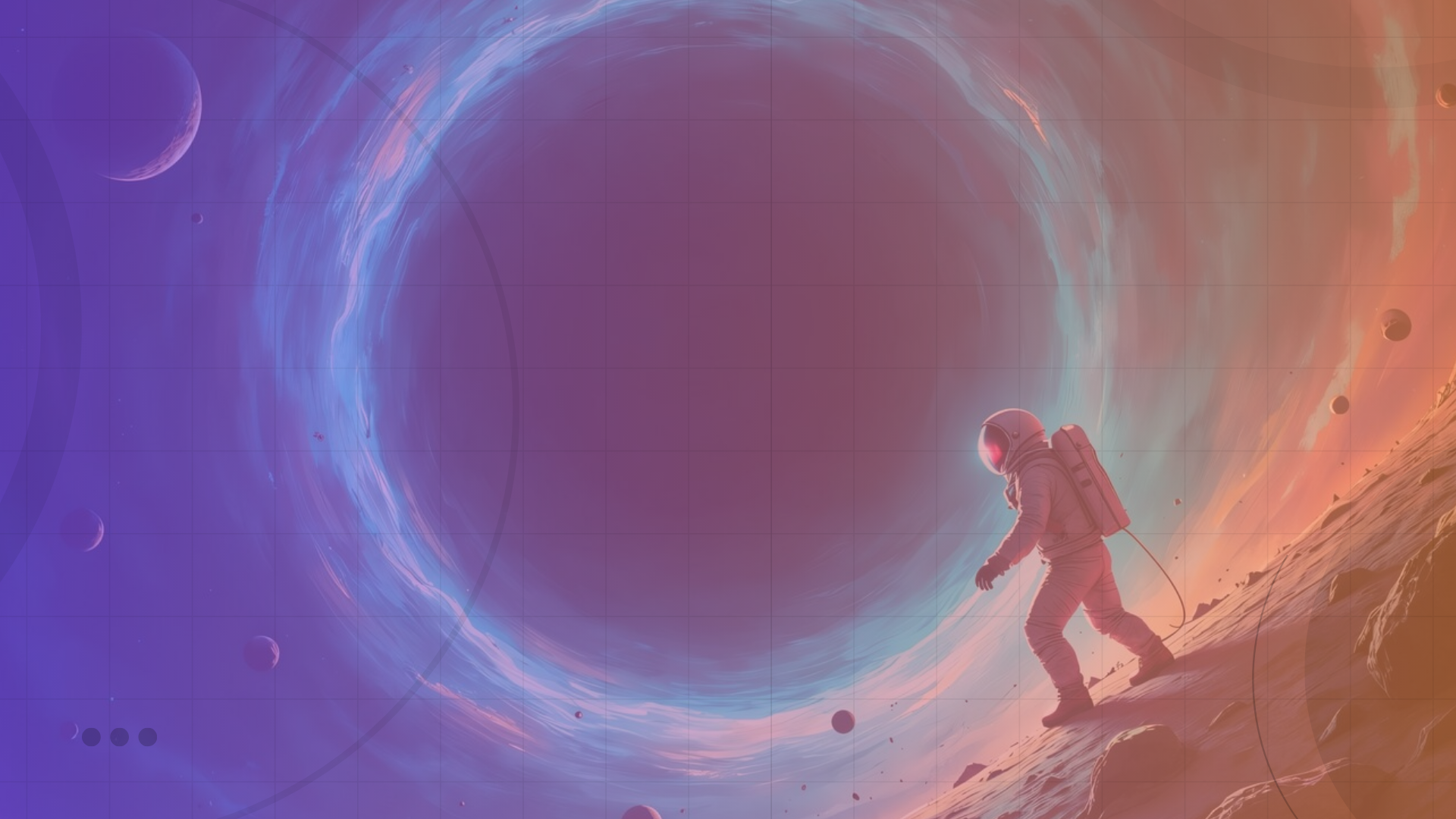 Astronaut walking on a rocky surface near a glowing blue and purple cosmic portal in space.