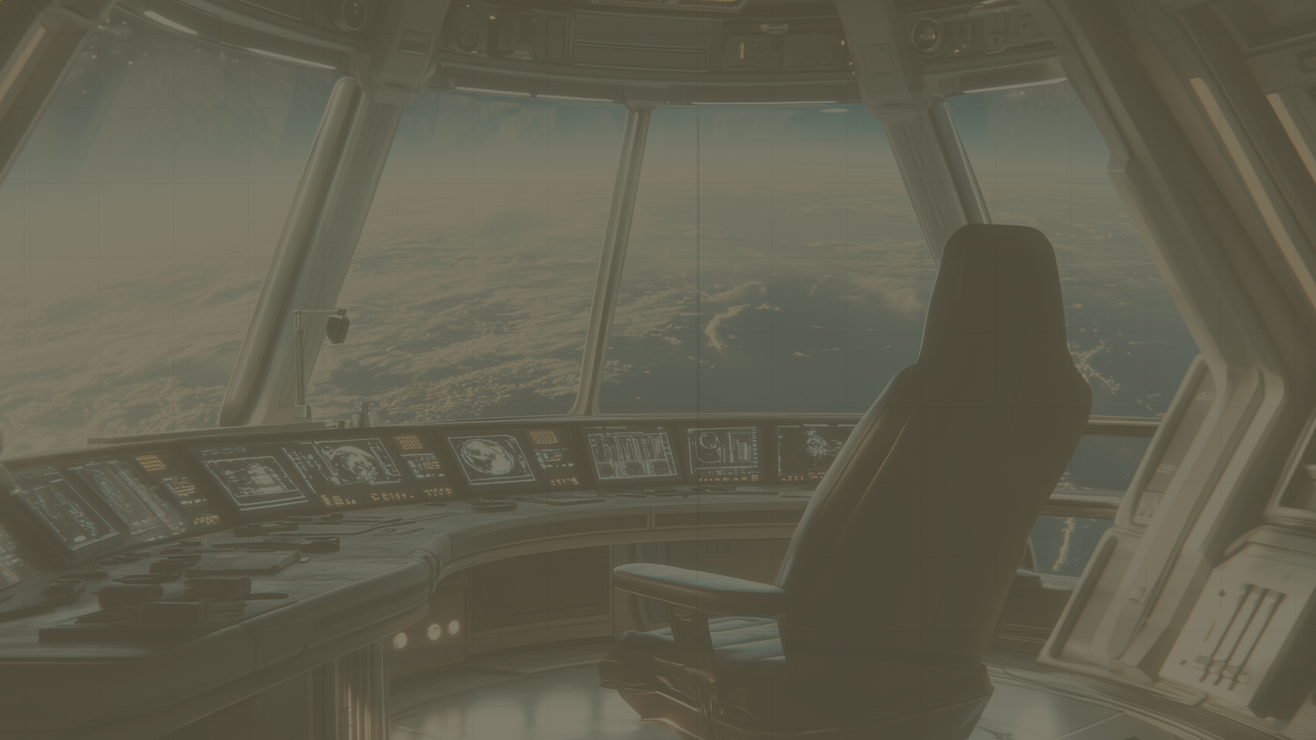Empty futuristic spaceship cockpit with control panels and large windows showing Earth from space.