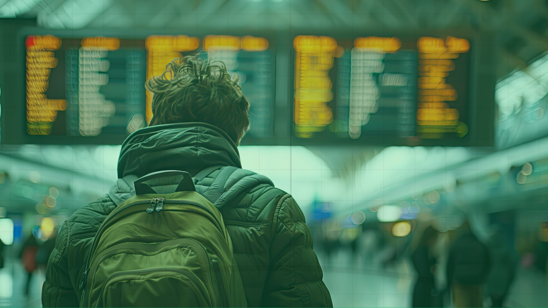 Person with a backpack and jacket standing indoors, looking at a blurred flight information board.