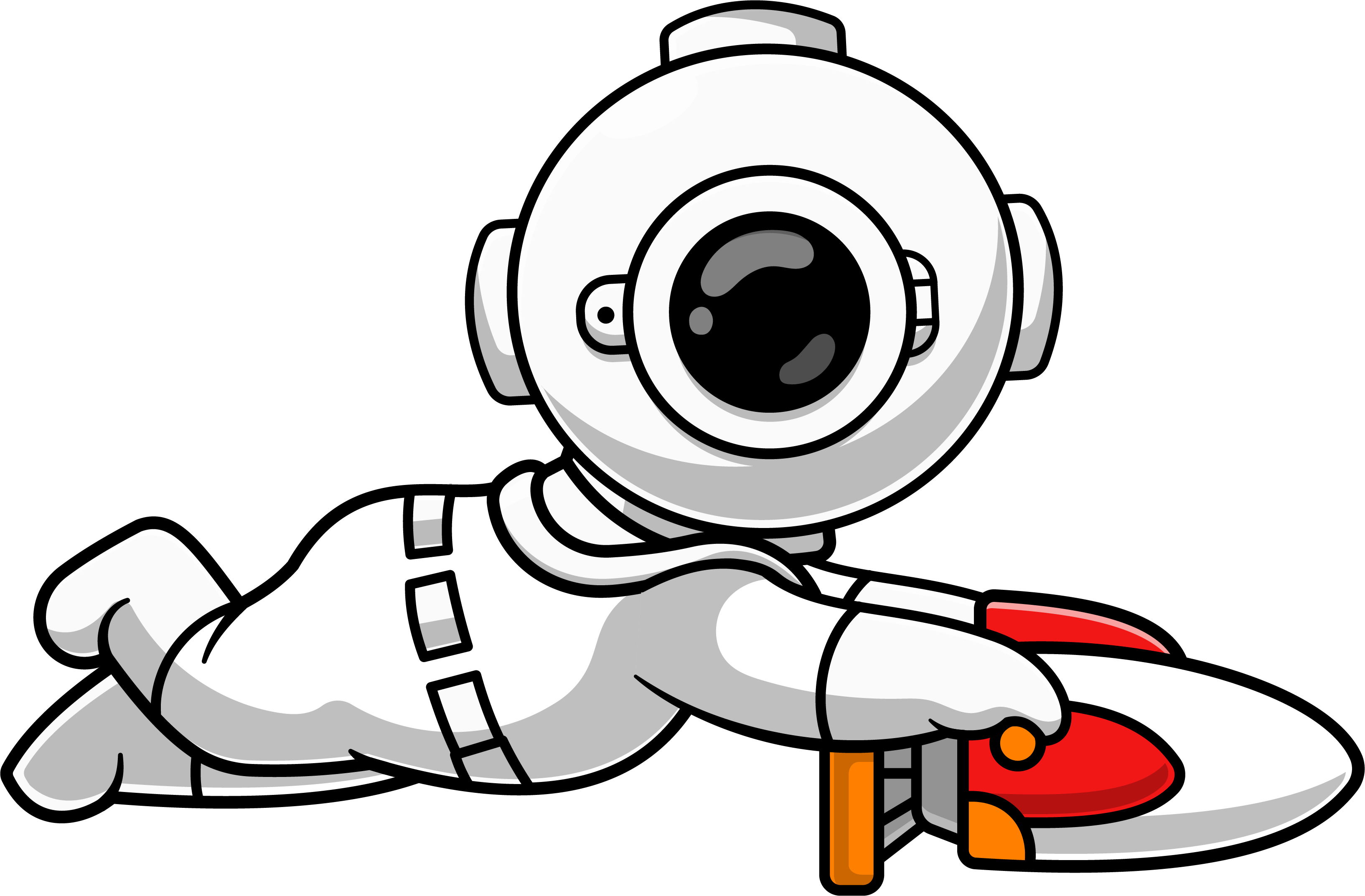 Cartoon astronaut in a white spacesuit holding a red and white futuristic hoverboard or scooter.
