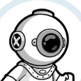 Cartoon-style vintage deep-sea diving helmet with a large front window and side valve.