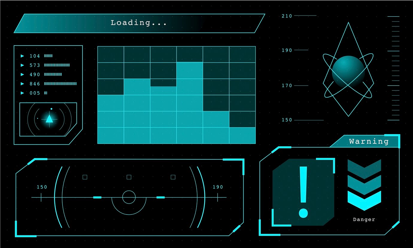 Futuristic HUD interface displaying a loading bar, data charts, a spherical object with orbital lines, and a warning sign with an exclamation mark and danger arrows.