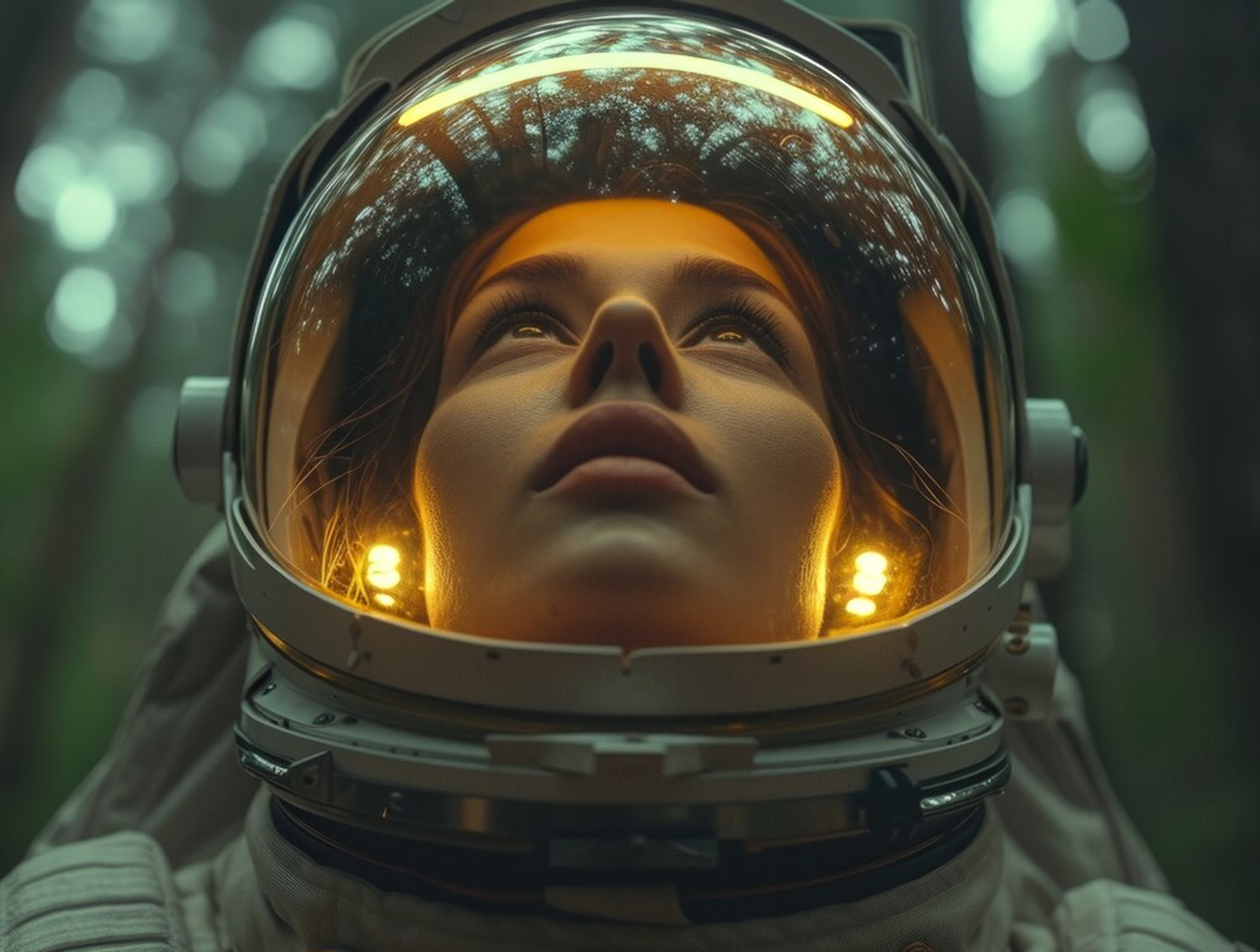 Close-up of a woman wearing an astronaut helmet with glowing lights inside, looking upwards with a forest reflected on the helmet visor.