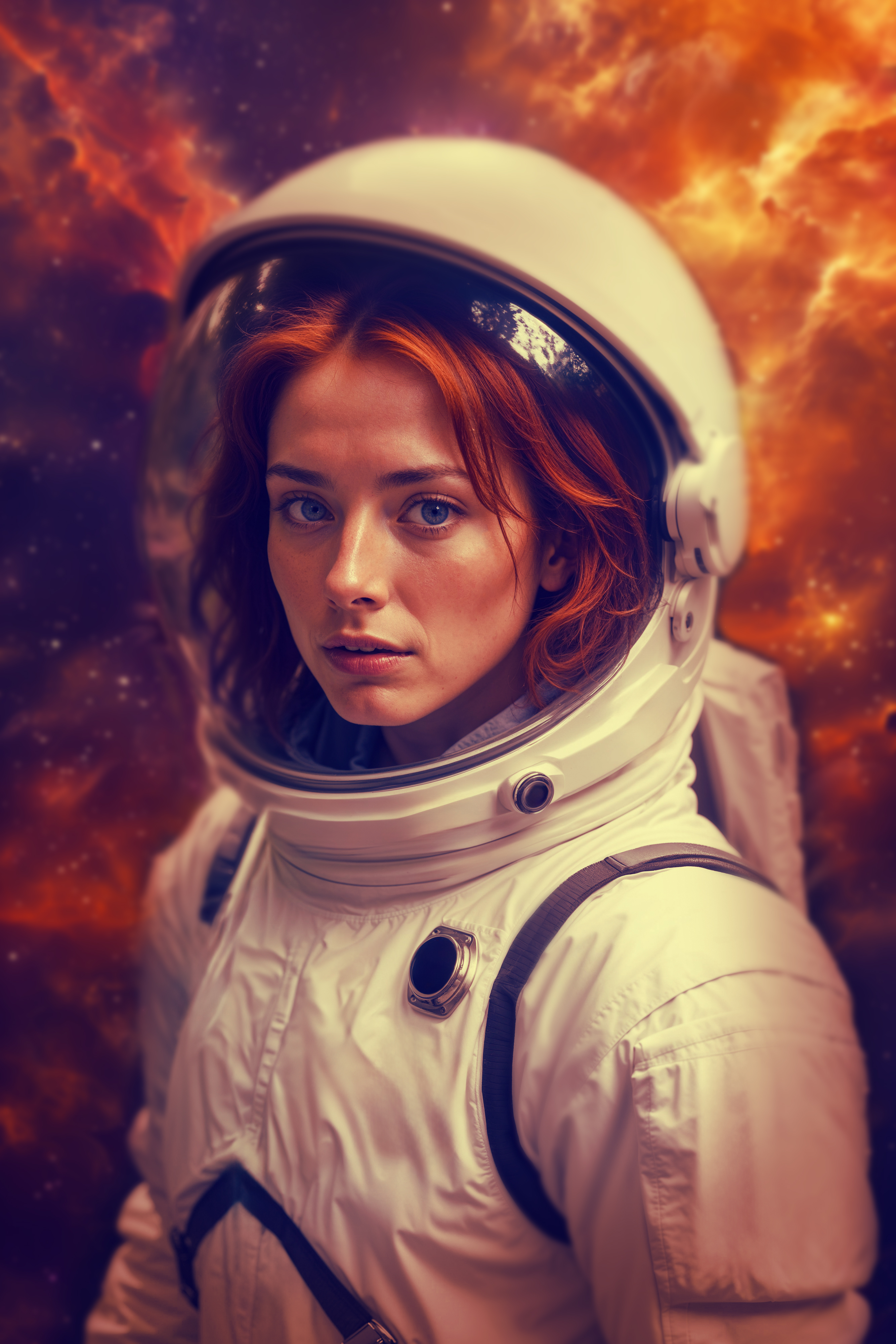 Woman astronaut with red hair in a white space suit against a vibrant orange and purple nebula background.