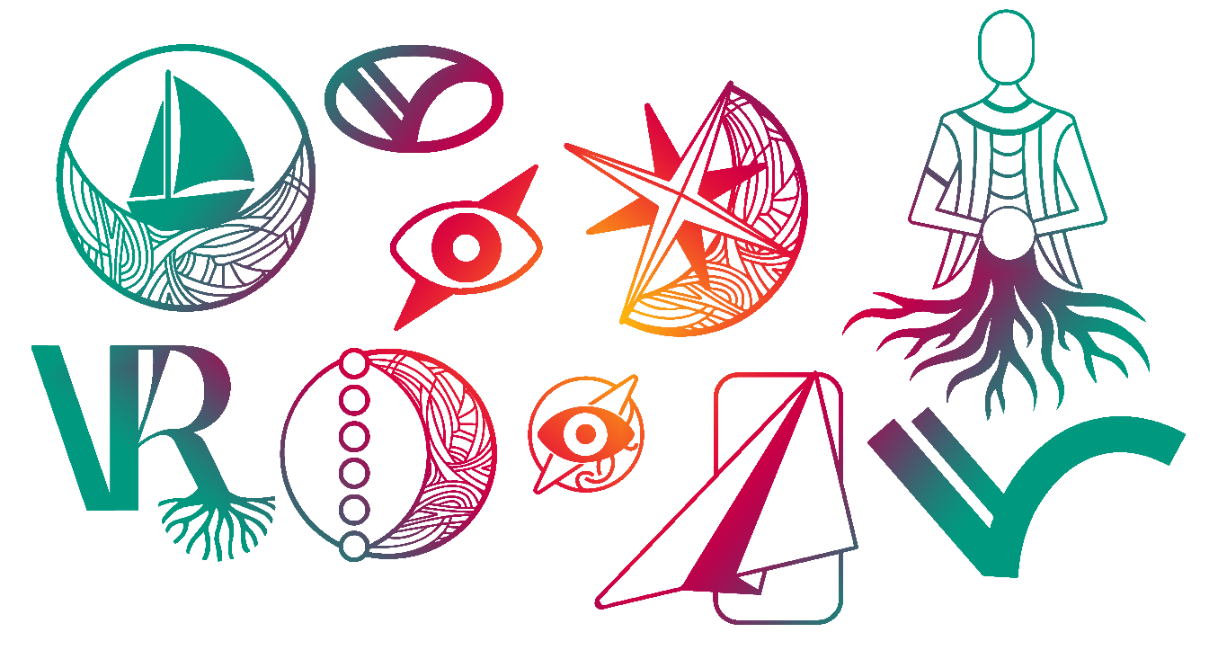 Colorful gradient starburst shape with a bright yellow center fading to red, purple, and teal edges.