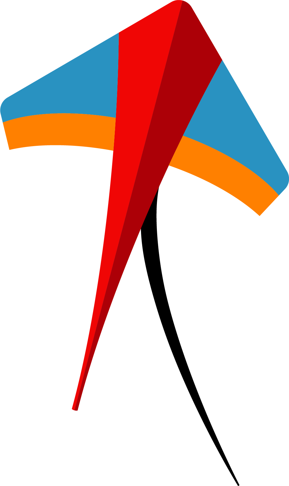 Abstract geometric design with a red pointed shape intersecting a blue and orange curved band above a thin black curved tail on white background.